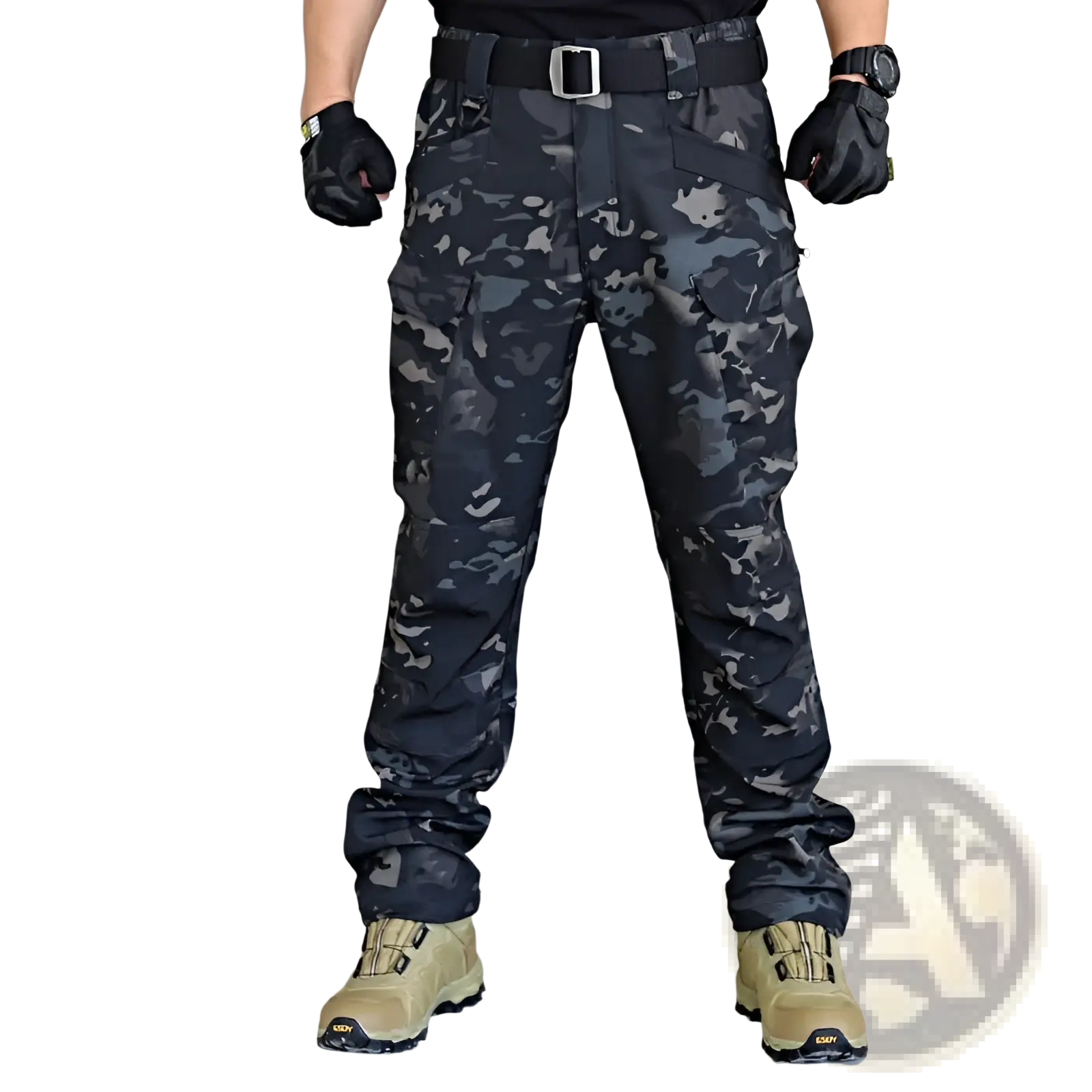 Men’s fleece-lined waterproof tactical pants in black and gray digital camouflage with multiple cargo pockets