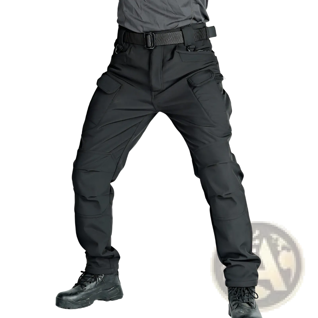 Men’s fleece-lined waterproof tactical pants in black with multiple cargo pockets and reinforced belt loop system back view