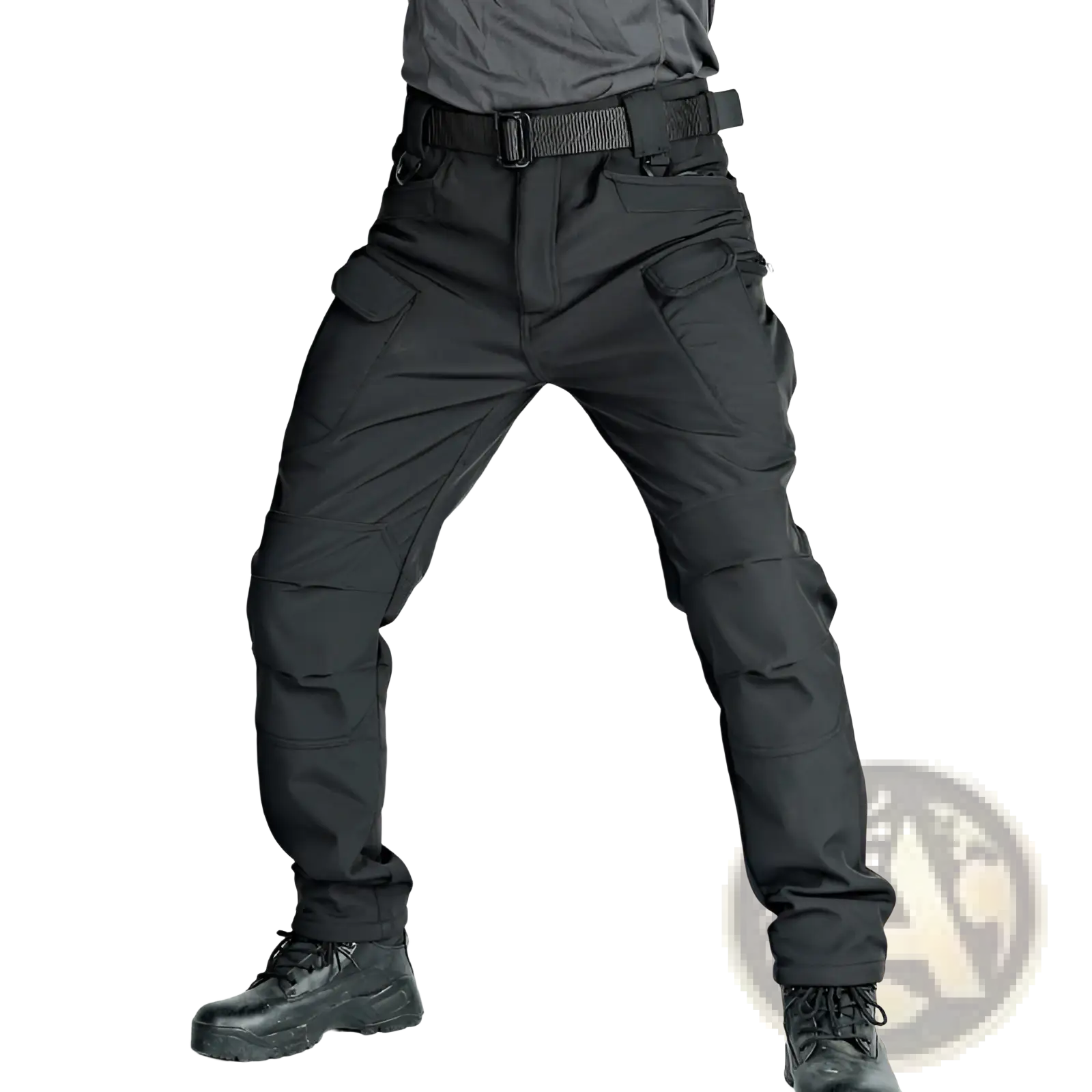 Men’s fleece-lined waterproof tactical pants in black with multiple cargo pockets and reinforced belt loop system back view