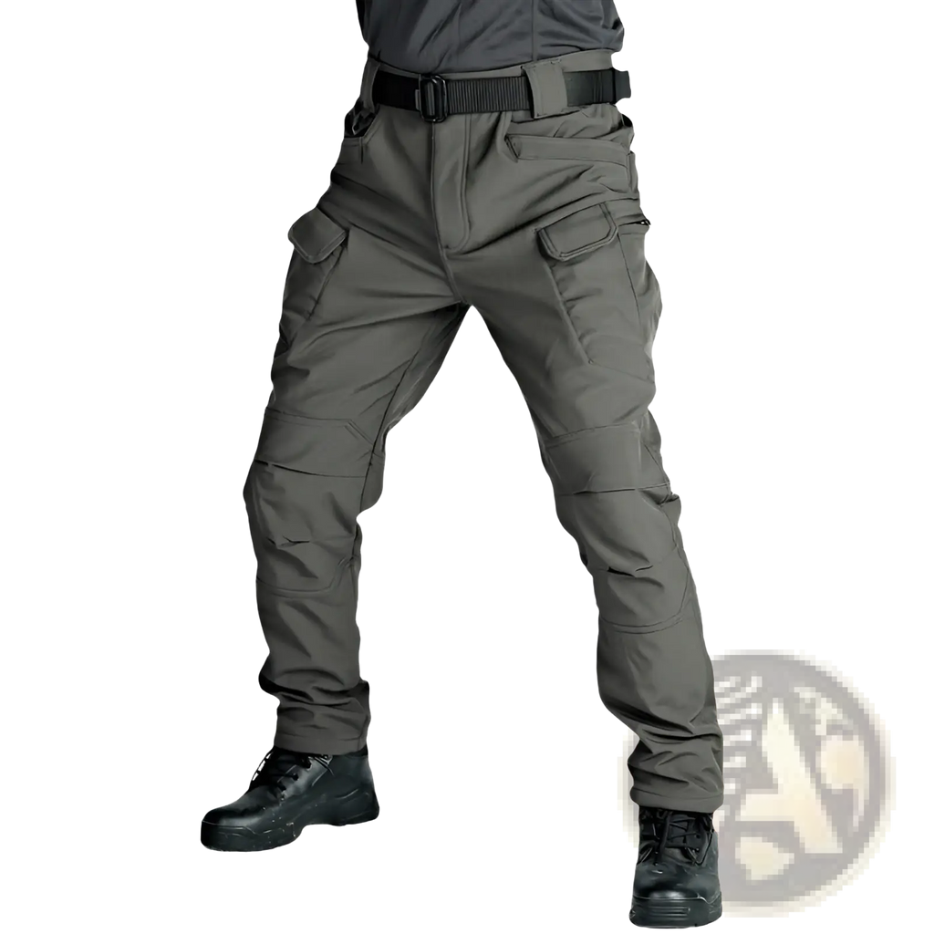 Men’s dark gray fleece-lined waterproof tactical pants with multiple cargo pockets and durable functional design