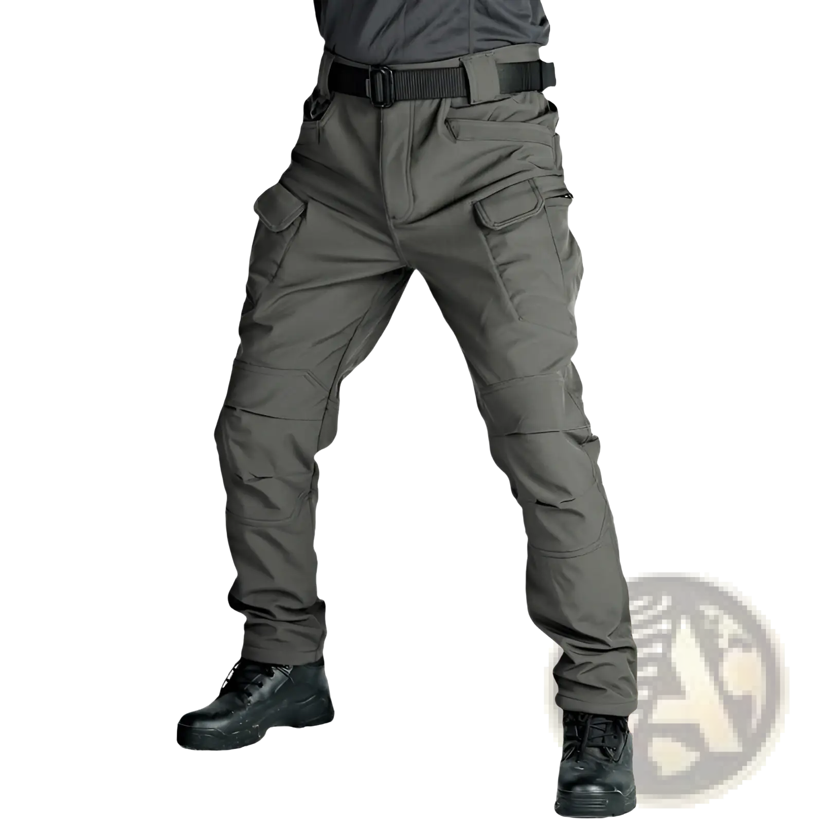 Men’s dark gray fleece-lined waterproof tactical pants with multiple cargo pockets and durable functional design