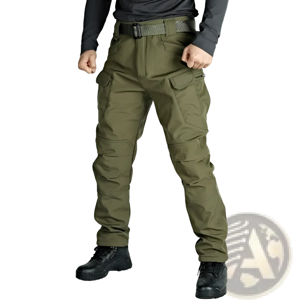 Men’s olive green fleece-lined waterproof tactical cargo pants with multiple pockets and reinforced belt loops