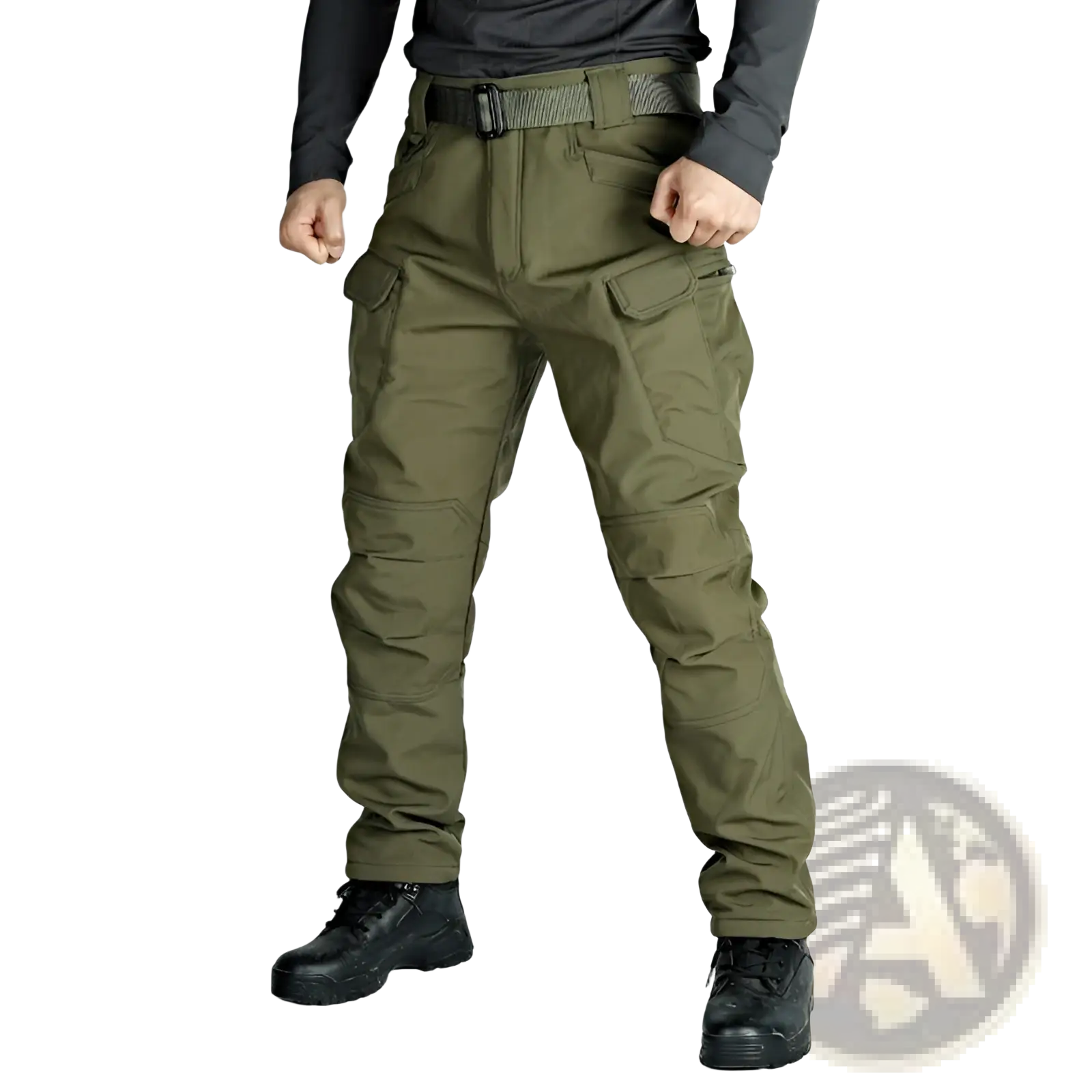 Men’s olive green fleece-lined waterproof tactical cargo pants with multiple pockets and reinforced belt loops
