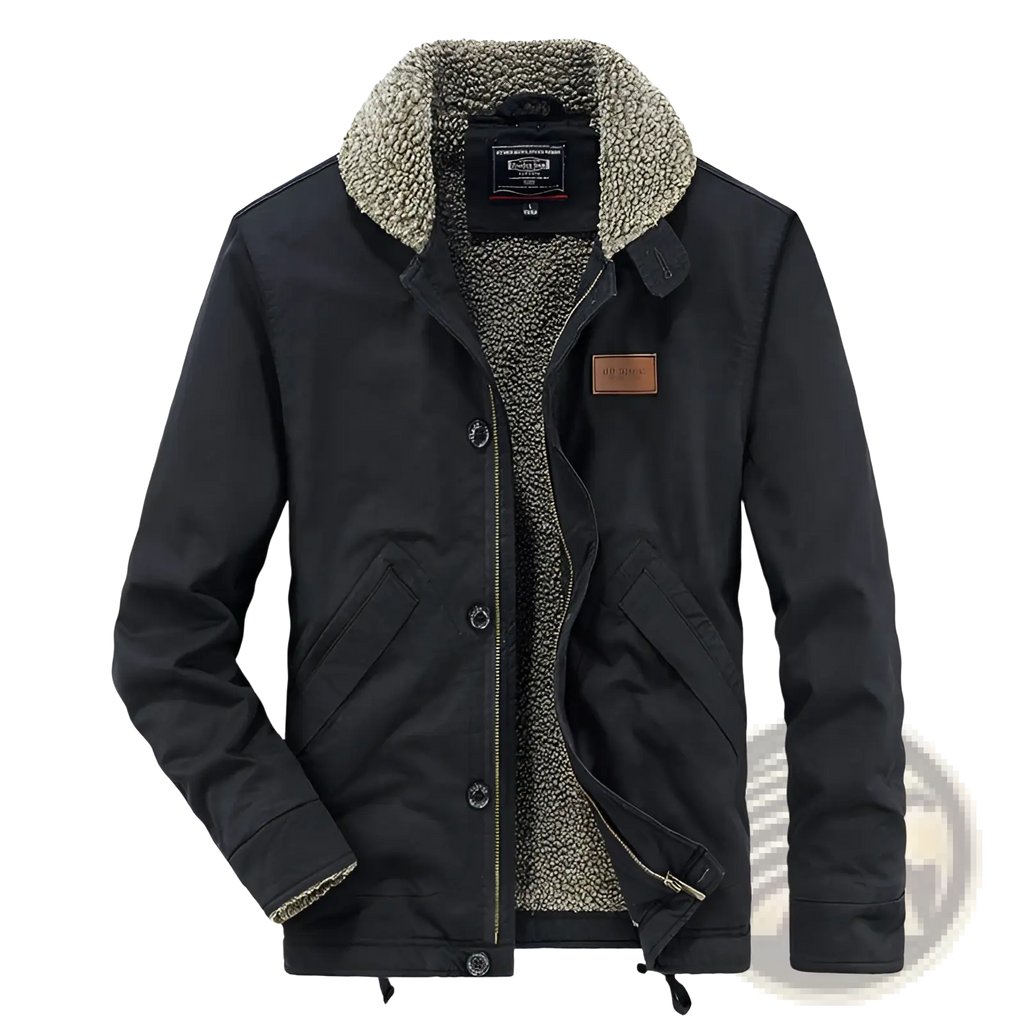 Mens fleece lined winter cotton jacket in black with shearling lining and brown leather patch on the chest