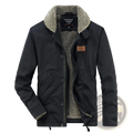 Mens fleece lined winter cotton jacket in black with shearling lining and brown leather patch on the chest