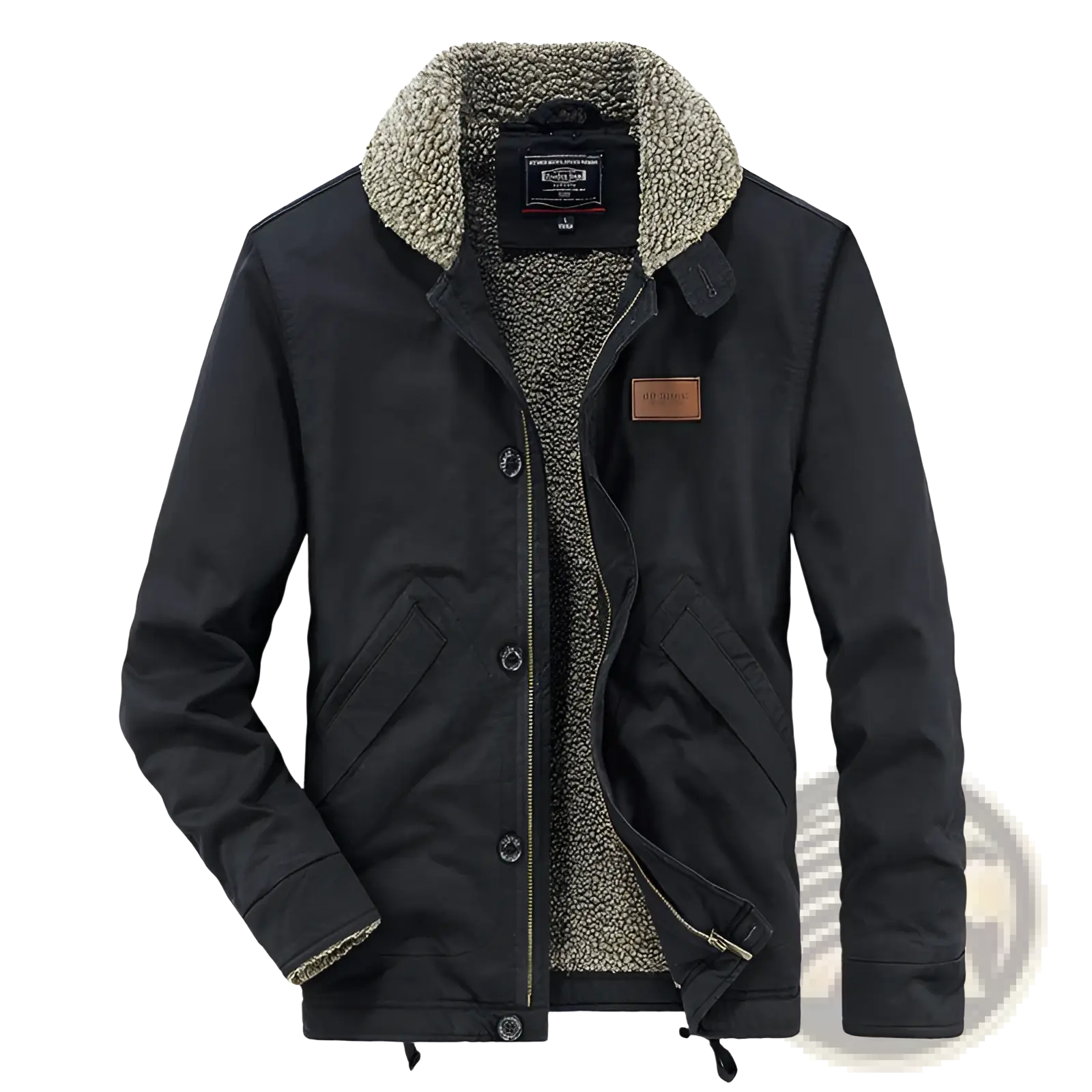 Mens fleece lined winter cotton jacket in black with shearling lining and brown leather patch on the chest