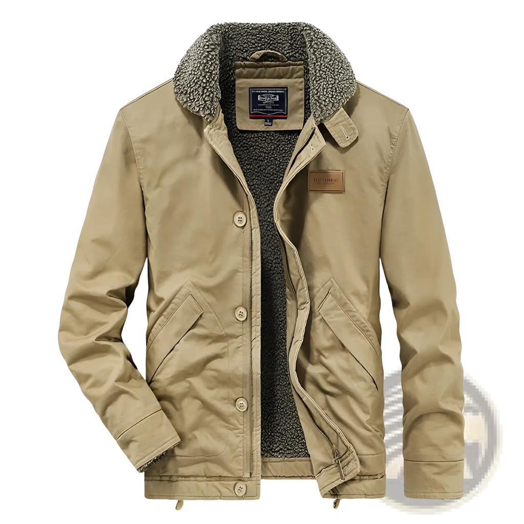 Mens fleece lined winter cotton jacket in beige with corduroy lining and plush gray shearling collar and front buttons