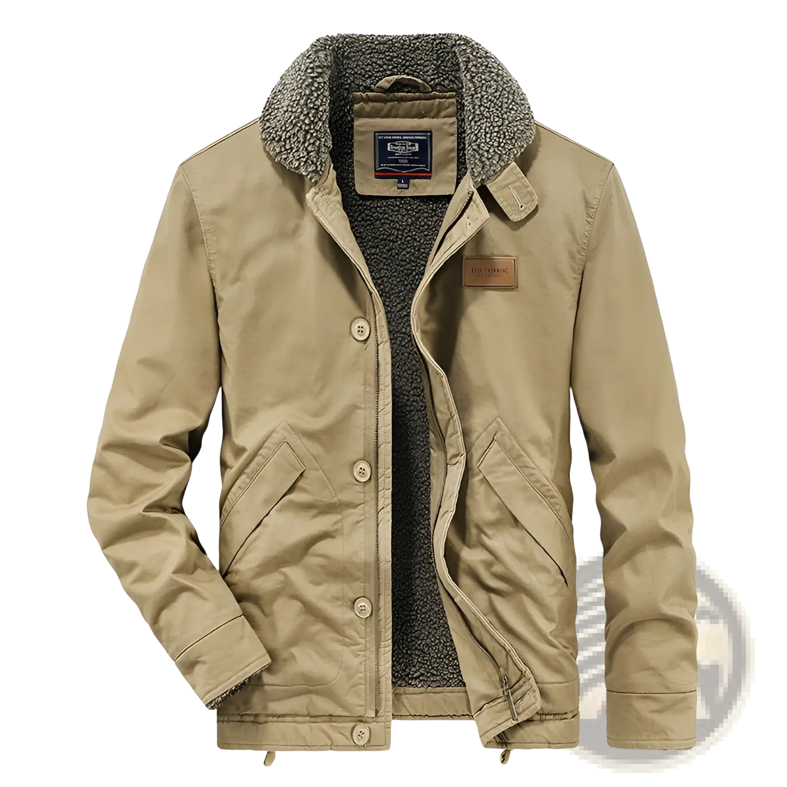 Mens fleece lined winter cotton jacket in beige with corduroy lining and plush gray shearling collar and front buttons