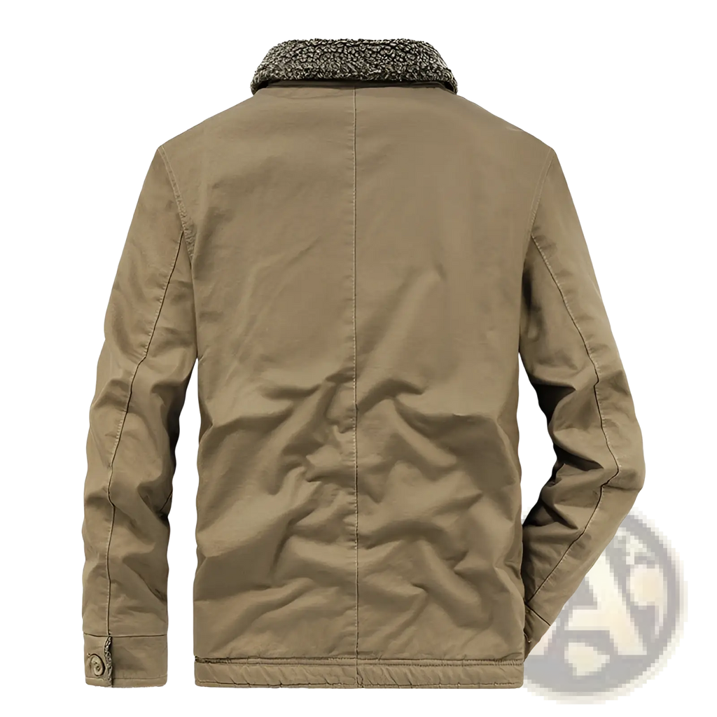 Khaki mens fleece lined winter cotton jacket with plush textured fleece collar and detailed stitching