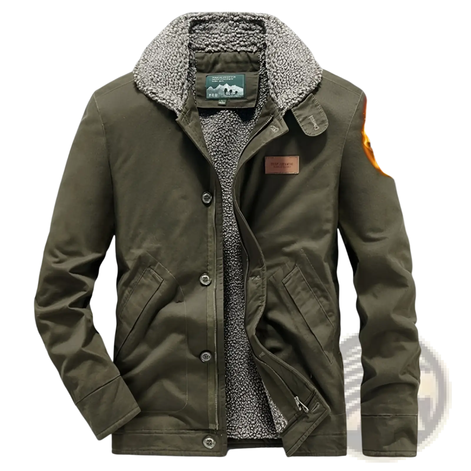 Mens fleece lined winter cotton jacket in military green corduroy with plush gray shearling collar and interior lining