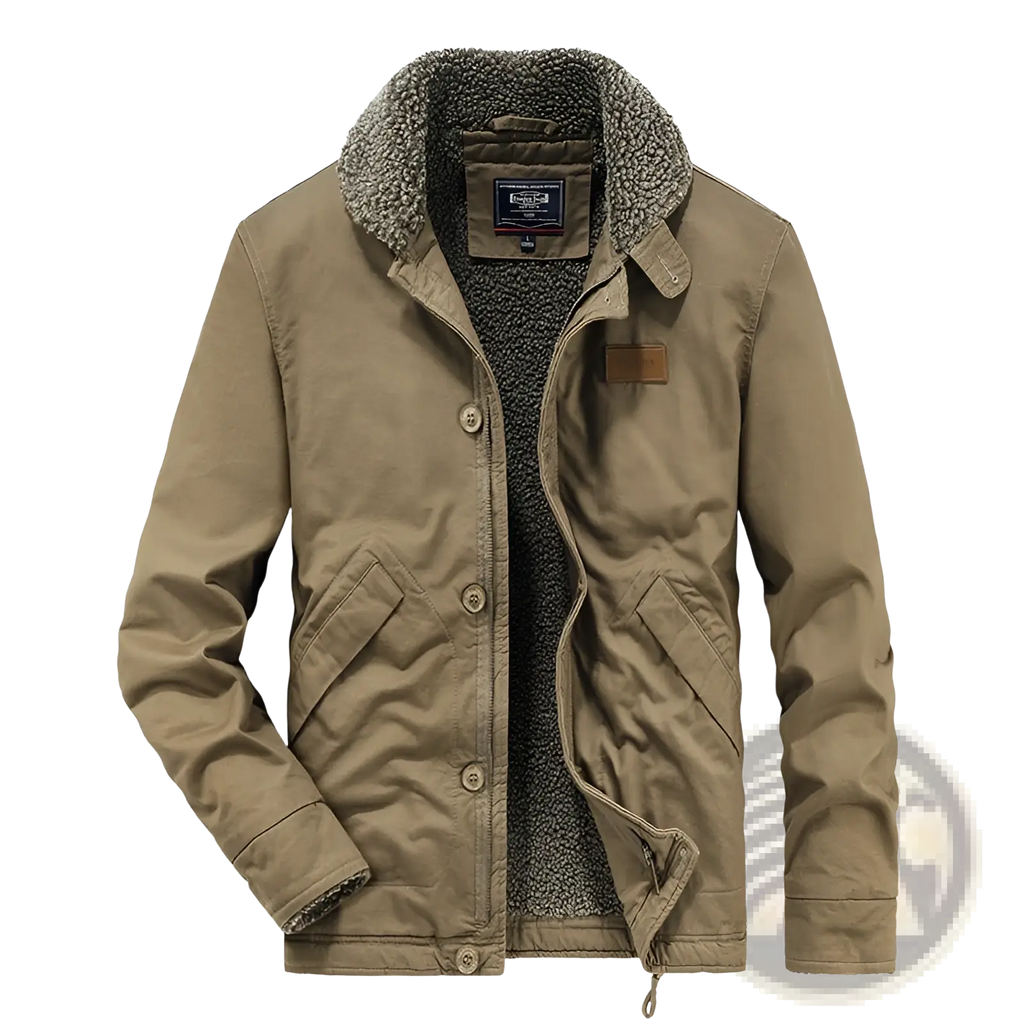 Mens fleece lined winter cotton jacket in tan corduroy with plush gray shearling collar and matching interior lining