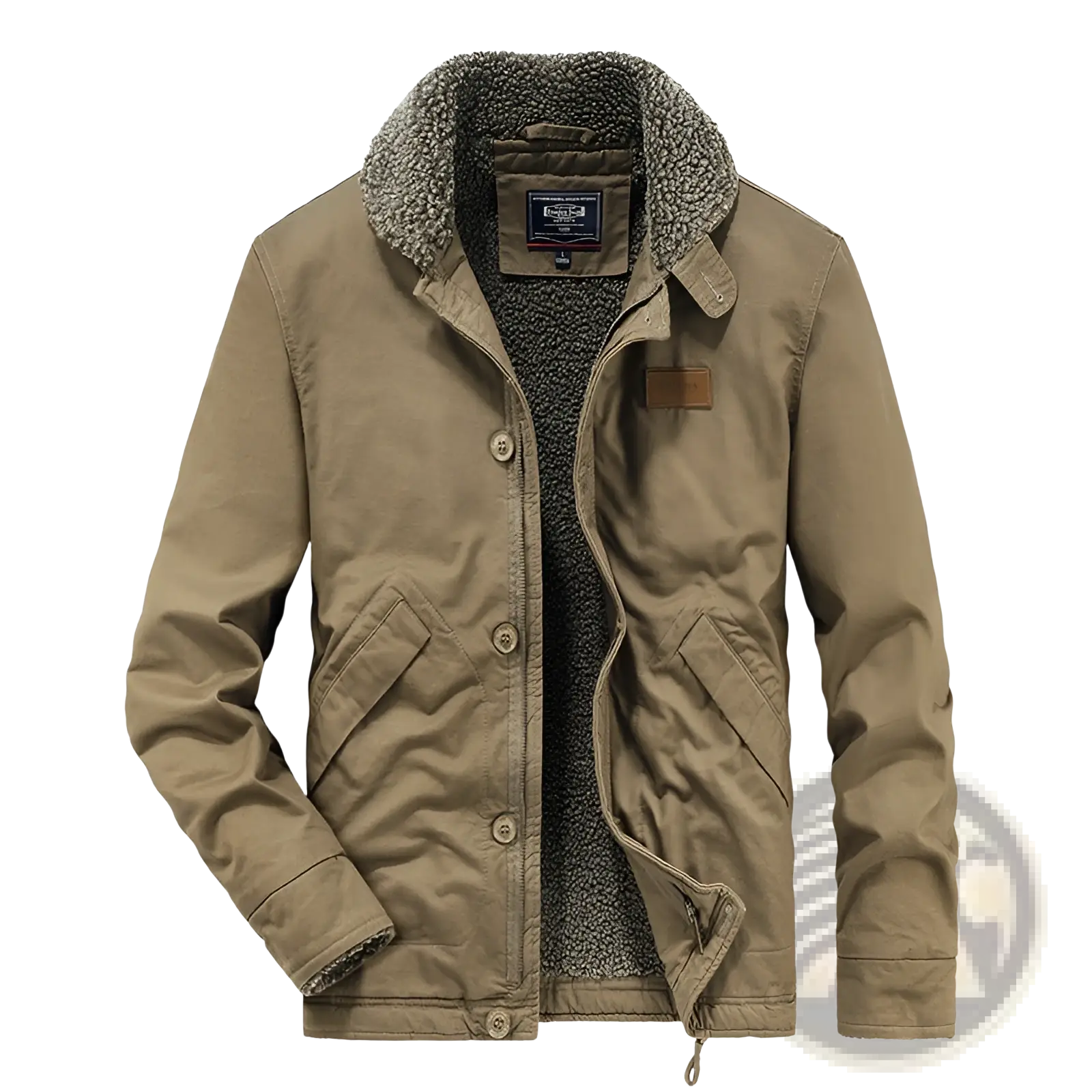 Mens fleece lined winter cotton jacket in tan corduroy with plush gray shearling collar and matching interior lining