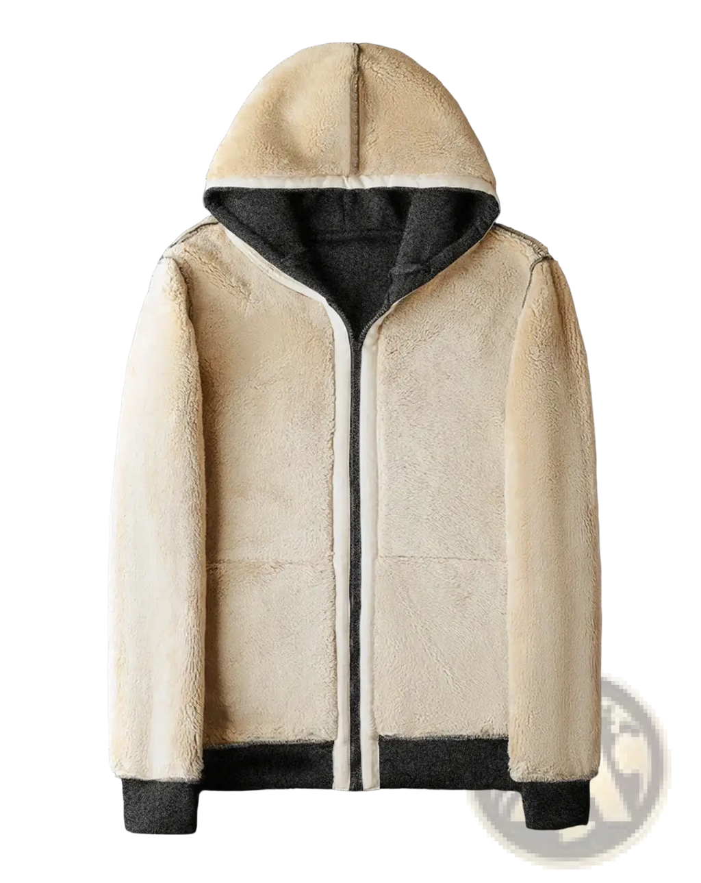 Beige men’s fleece lined winter hooded jacket with shearling exterior and black inner lining and cuffs