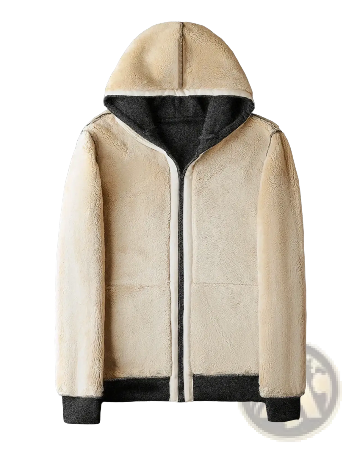 Beige men’s fleece lined winter hooded jacket with shearling exterior and black inner lining and cuffs