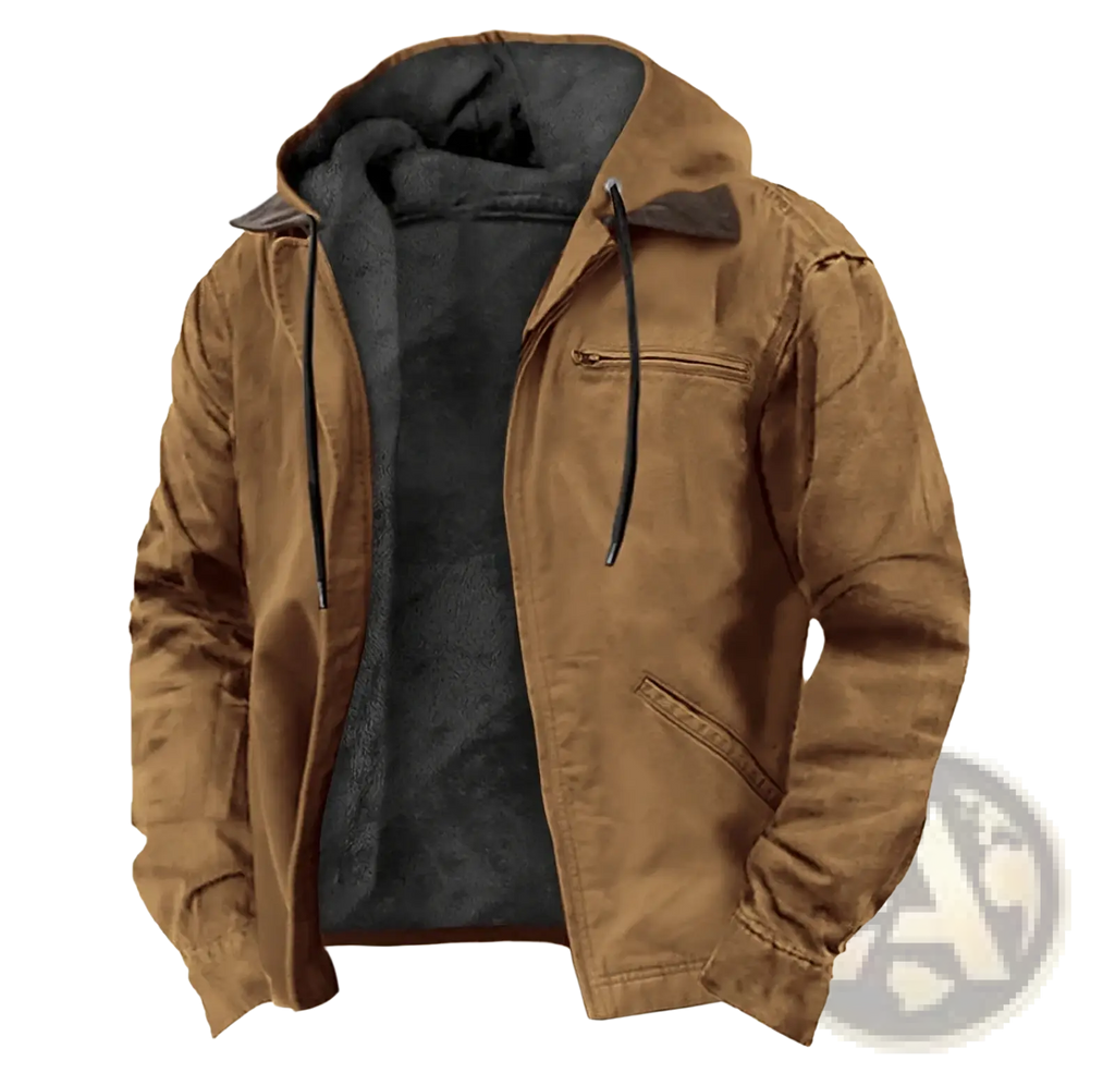 Men’s brown hooded winter jacket with black fleece lining and drawstrings for cold weather use