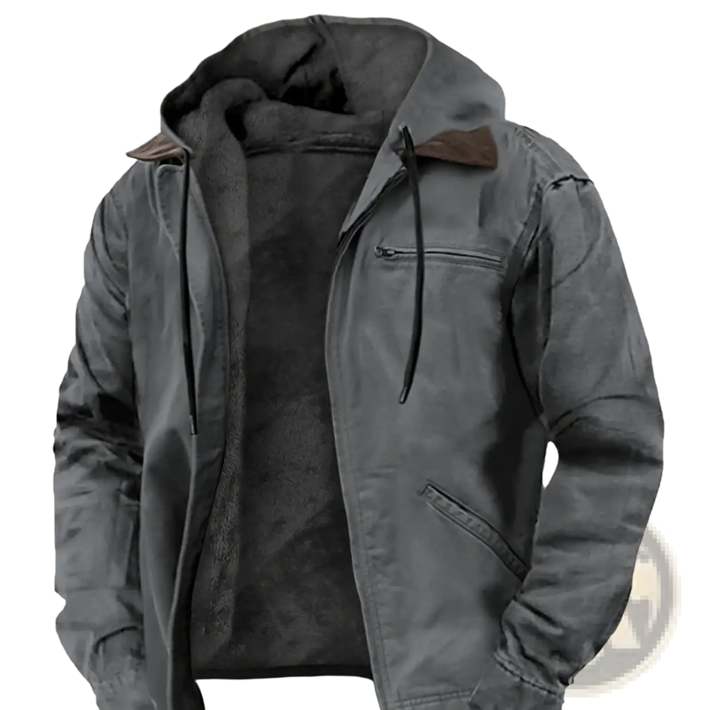 Men’s dark gray fleece lined winter hooded jacket with plush interior and brown leather collar accents