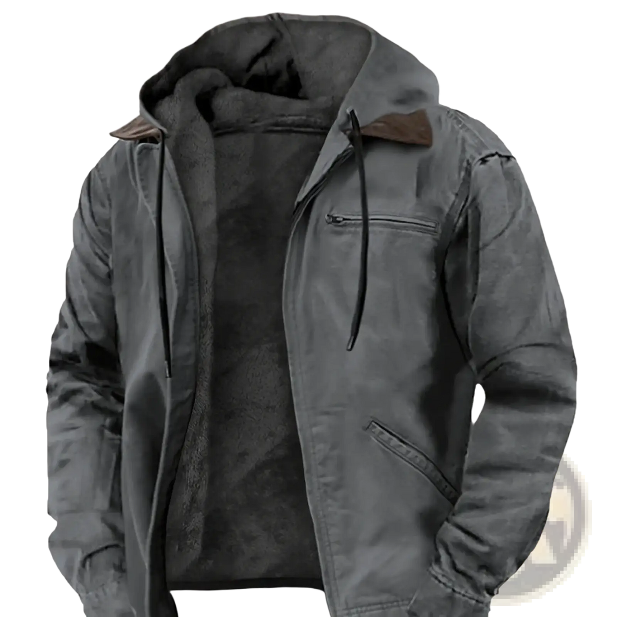 Men’s dark gray fleece lined winter hooded jacket with plush interior and brown leather collar accents