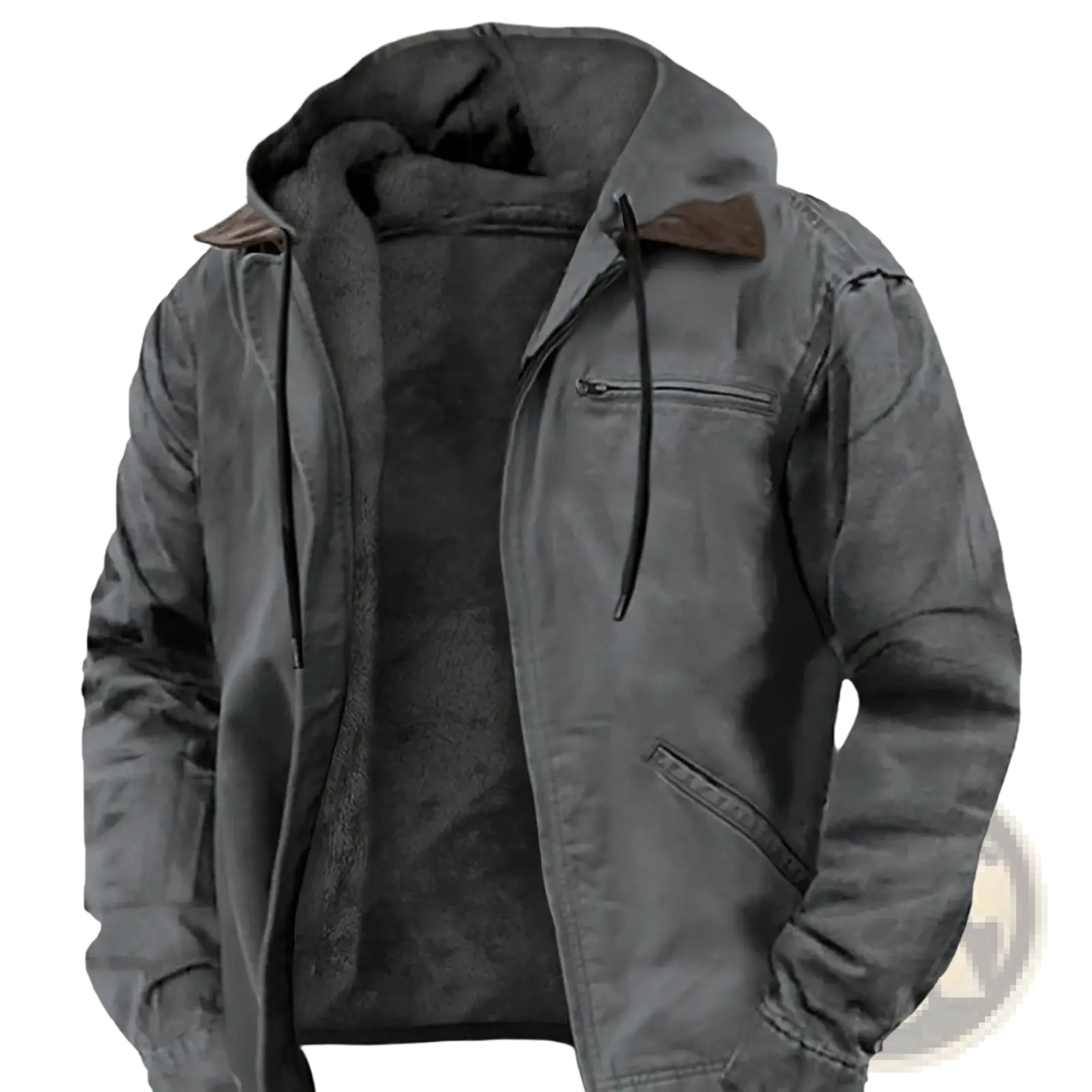 Men’s dark gray hooded winter jacket with plush fleece lining and brown leather collar accents for cold weather