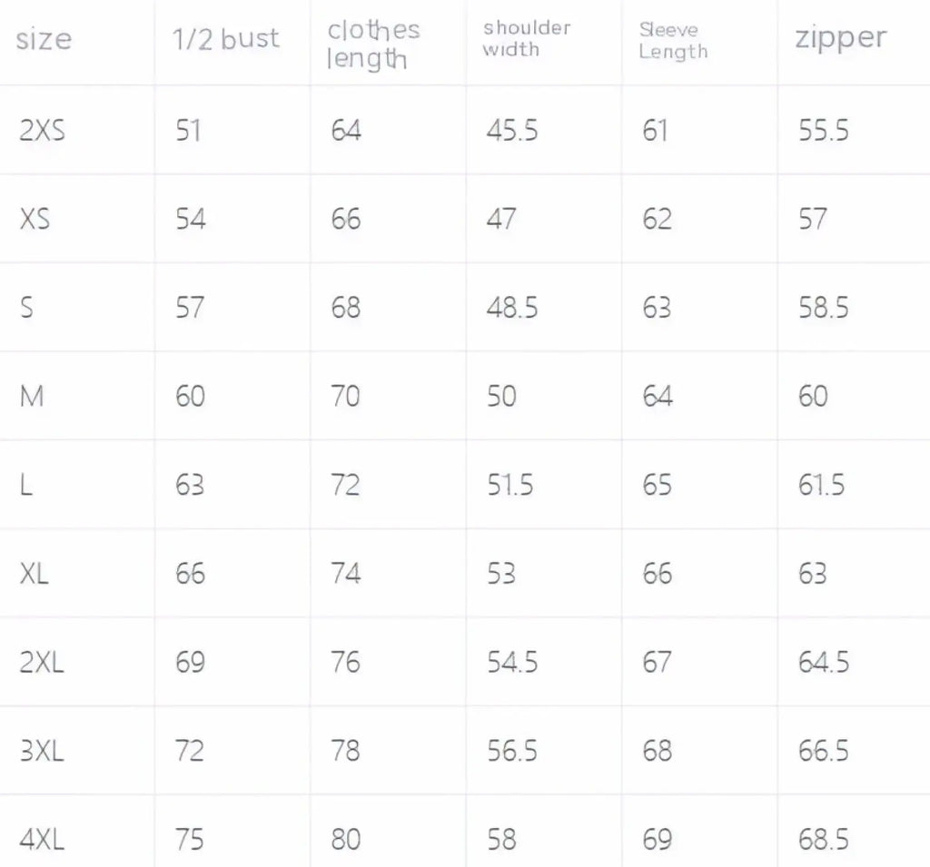Size chart for a men’s fleece lined winter hooded jacket showing women’s garment measurements in inches from 2xs to 4xl