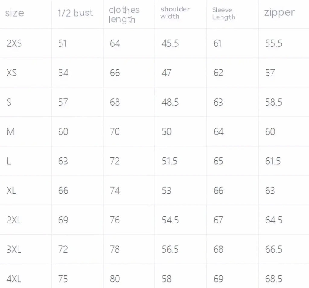 Size chart for men’s fleece lined winter hooded jacket showing bust, length, shoulder, sleeve, and zipper measurements
