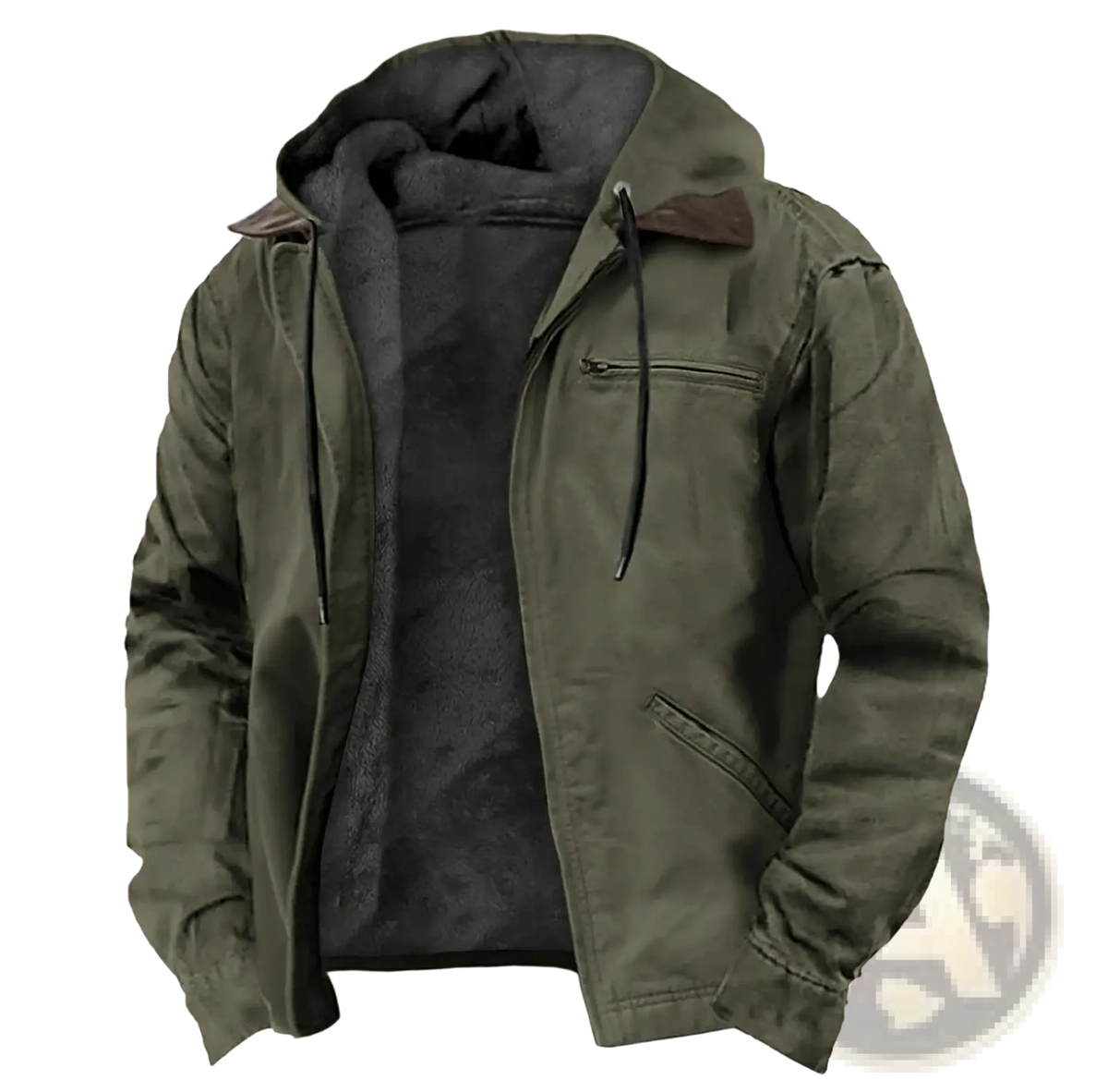Men’s olive green fleece lined winter hooded jacket with black interior and brown leather collar trim