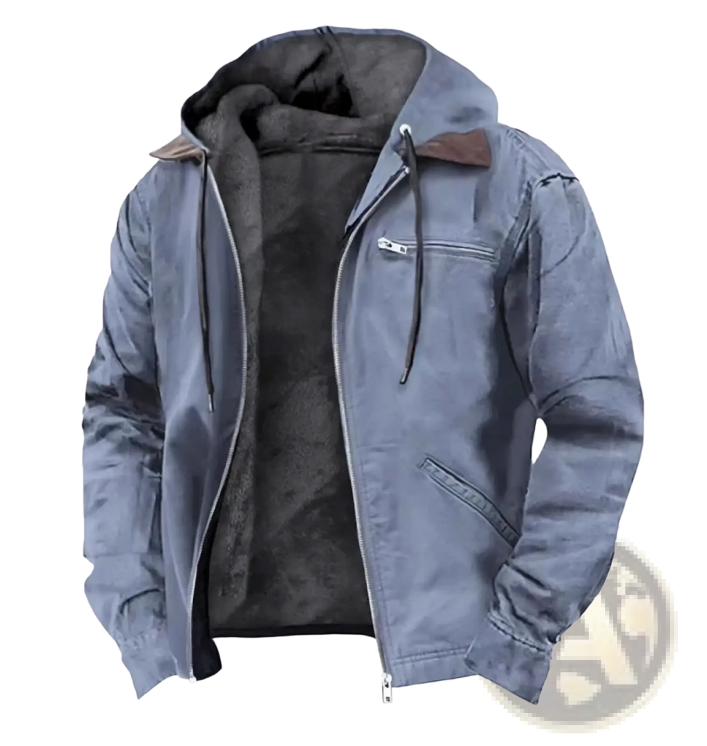 Men’s fleece lined winter hooded jacket in blue denim style with dark gray fleece interior and brown leather collar trim