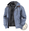 Men’s fleece lined winter hooded jacket in blue denim style with dark gray fleece interior and brown leather collar trim
