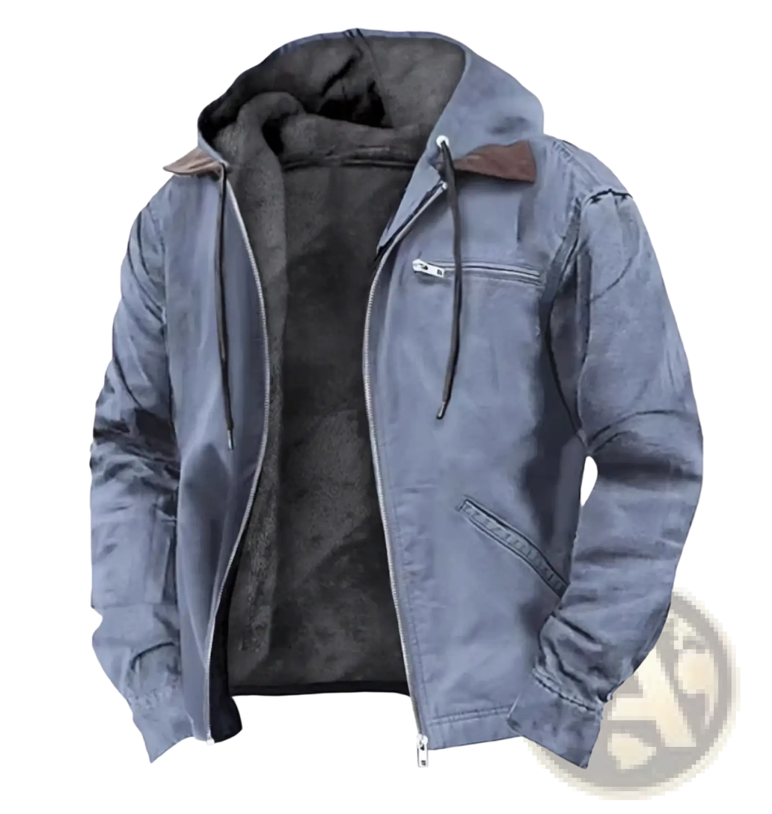 Men’s fleece lined winter hooded jacket in blue denim style with dark gray fleece interior and brown leather collar trim
