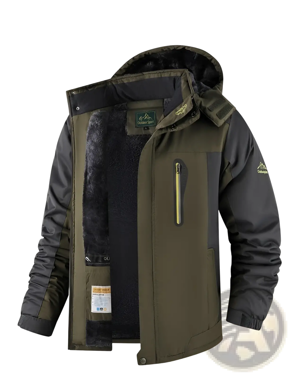 Side view of a mens fleece lined winter jacket in military green with black accents and thick cotton insulation