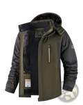 Side view of a mens fleece lined winter jacket in military green with black accents and thick cotton insulation