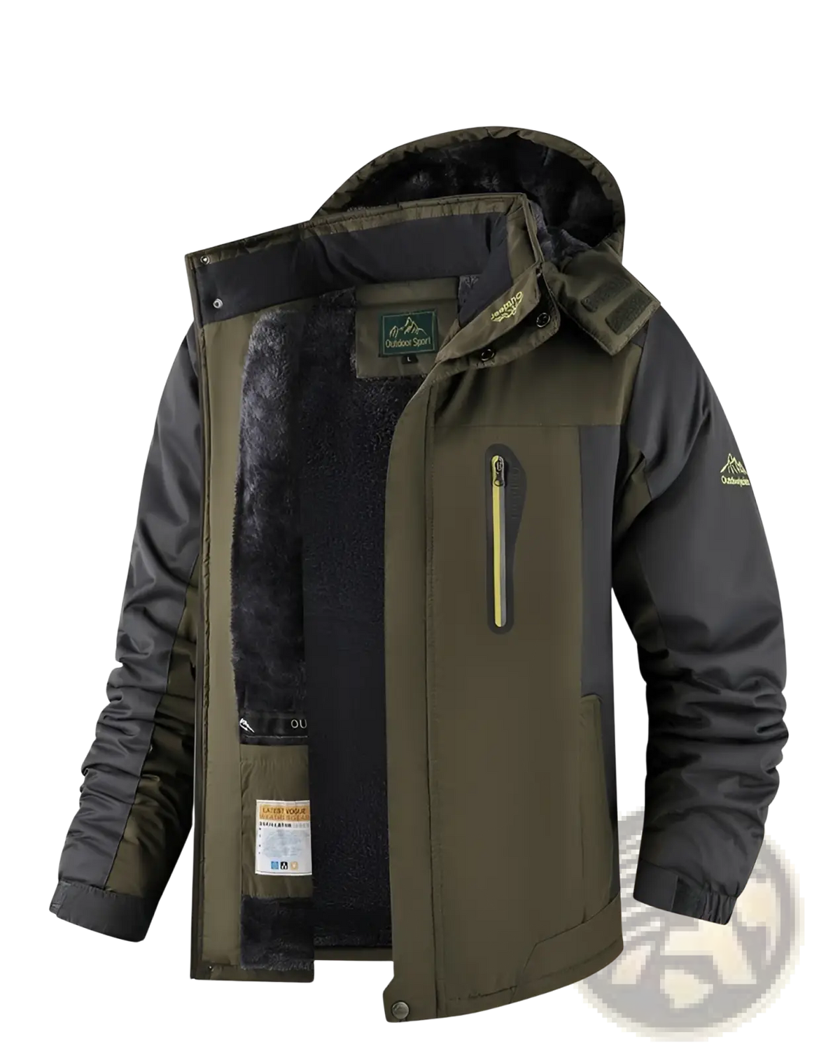 Side view of a mens fleece lined winter jacket in military green with black accents and thick cotton insulation