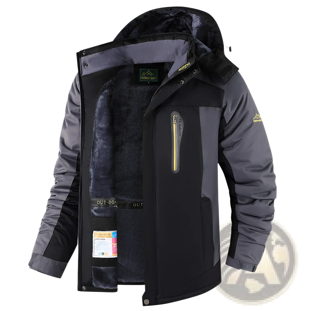 Mens fleece lined winter jacket in black and gray with thick cotton and plush dark fleece lining for outdoor winter use