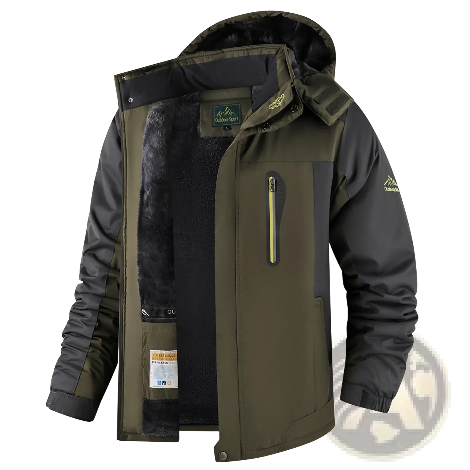 Mens fleece lined winter jacket thick cotton coat in olive green and black with fleece lined hood and front zipper