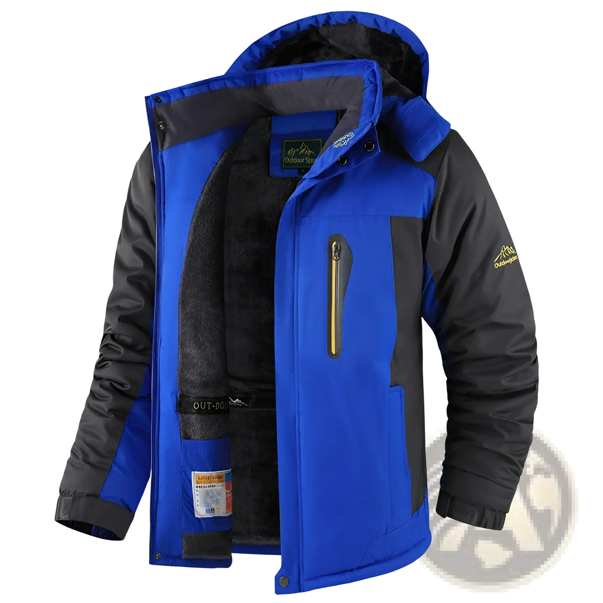 Mens fleece lined winter jacket thick cotton coat in blue and black with quilted design and hood for cold weather