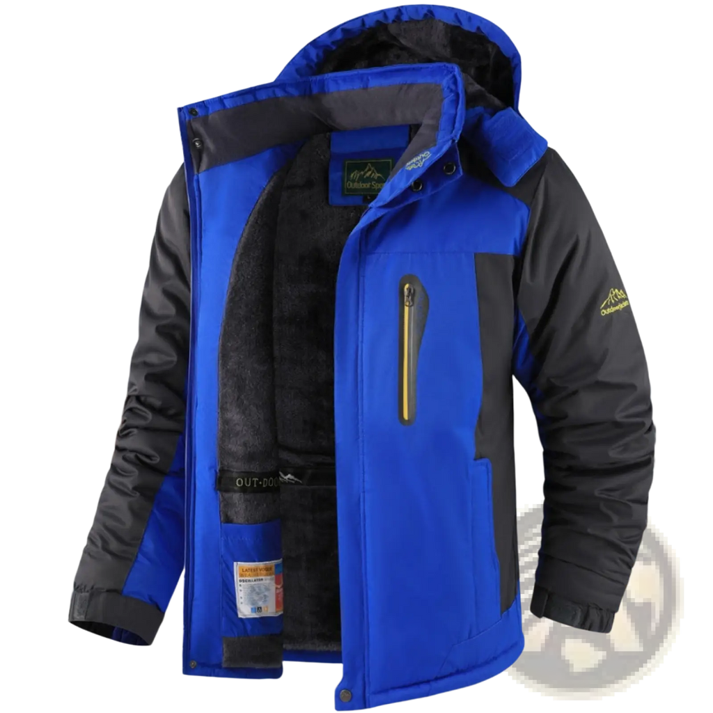 Mens fleece lined winter jacket thick cotton coat in blue and black with hood gold zipper pull and chest logo