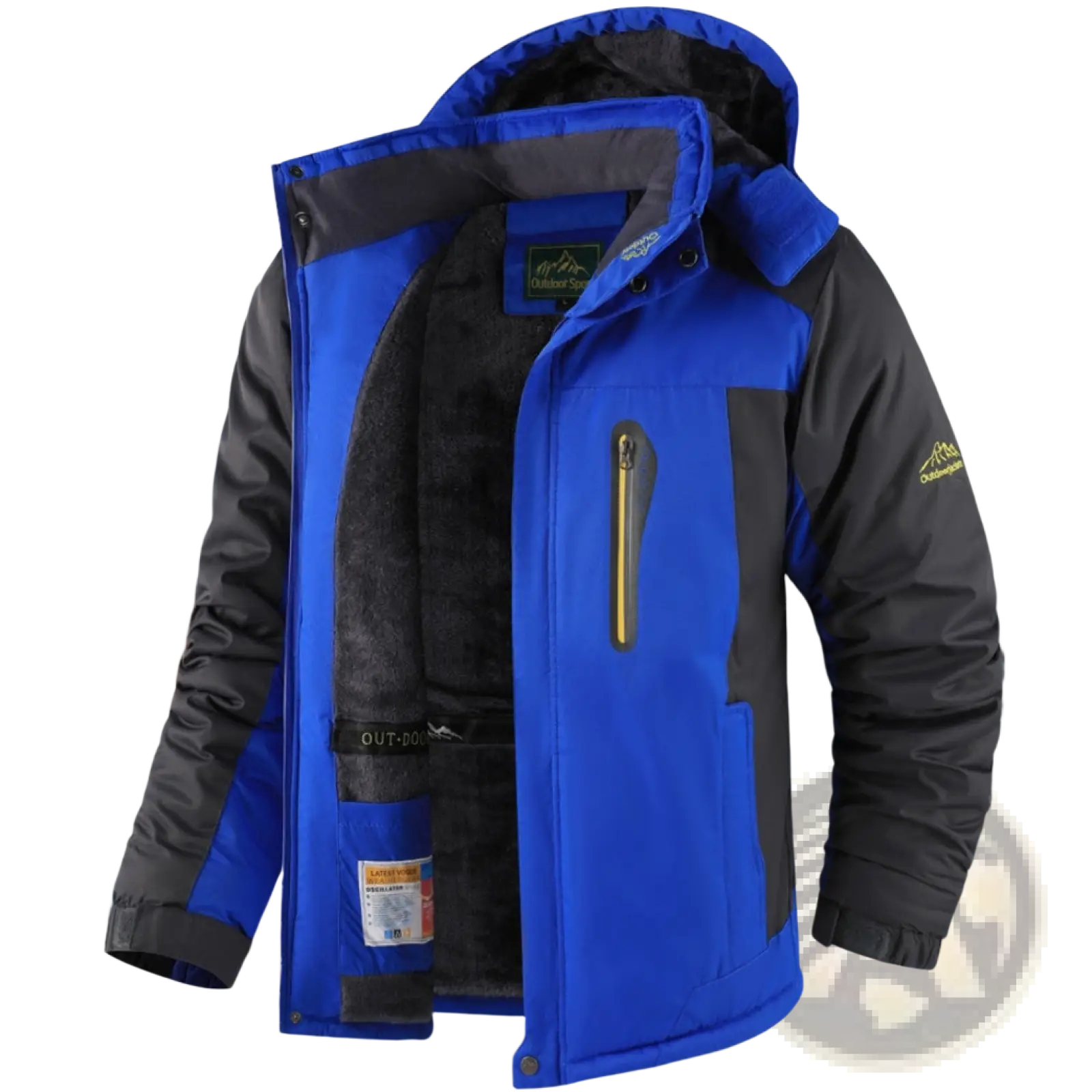 Mens fleece lined winter jacket thick cotton coat in blue and black with hood gold zipper pull and chest logo