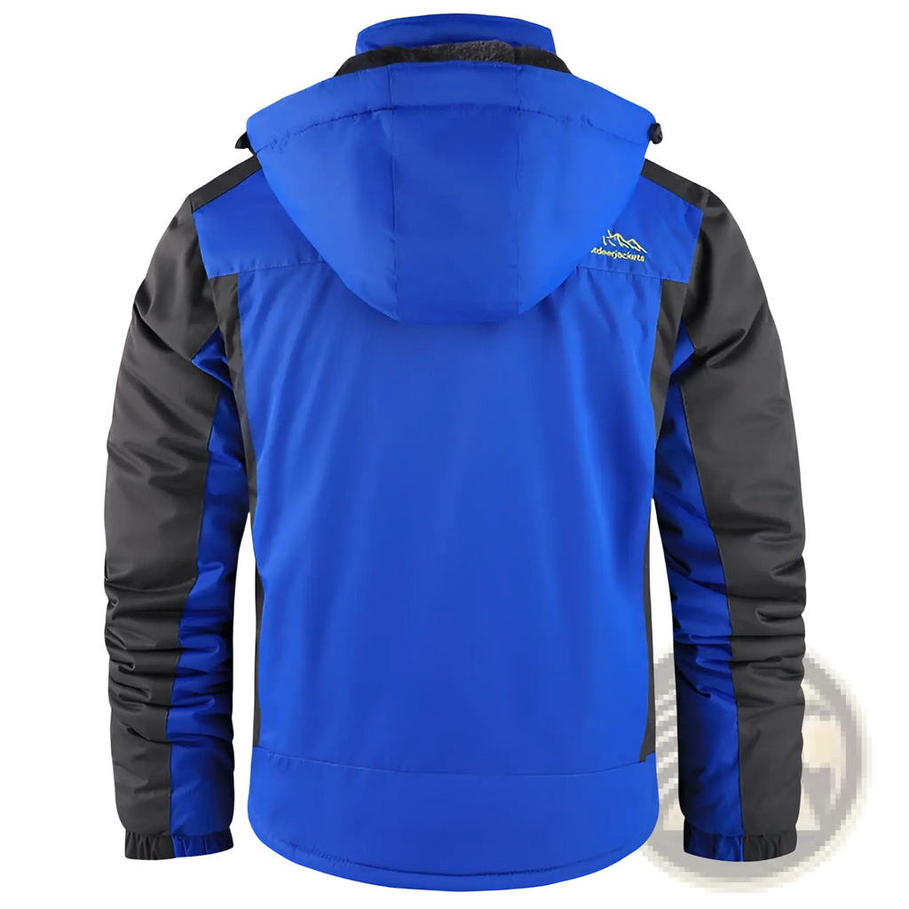 Mens fleece lined winter jacket in blue and black with hood made of durable synthetic waterproof fabric