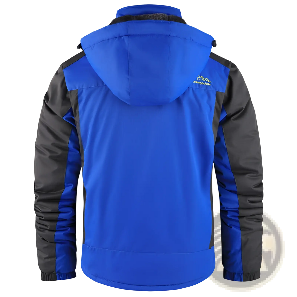Mens fleece lined winter jacket in blue and black with hood made of durable synthetic waterproof fabric