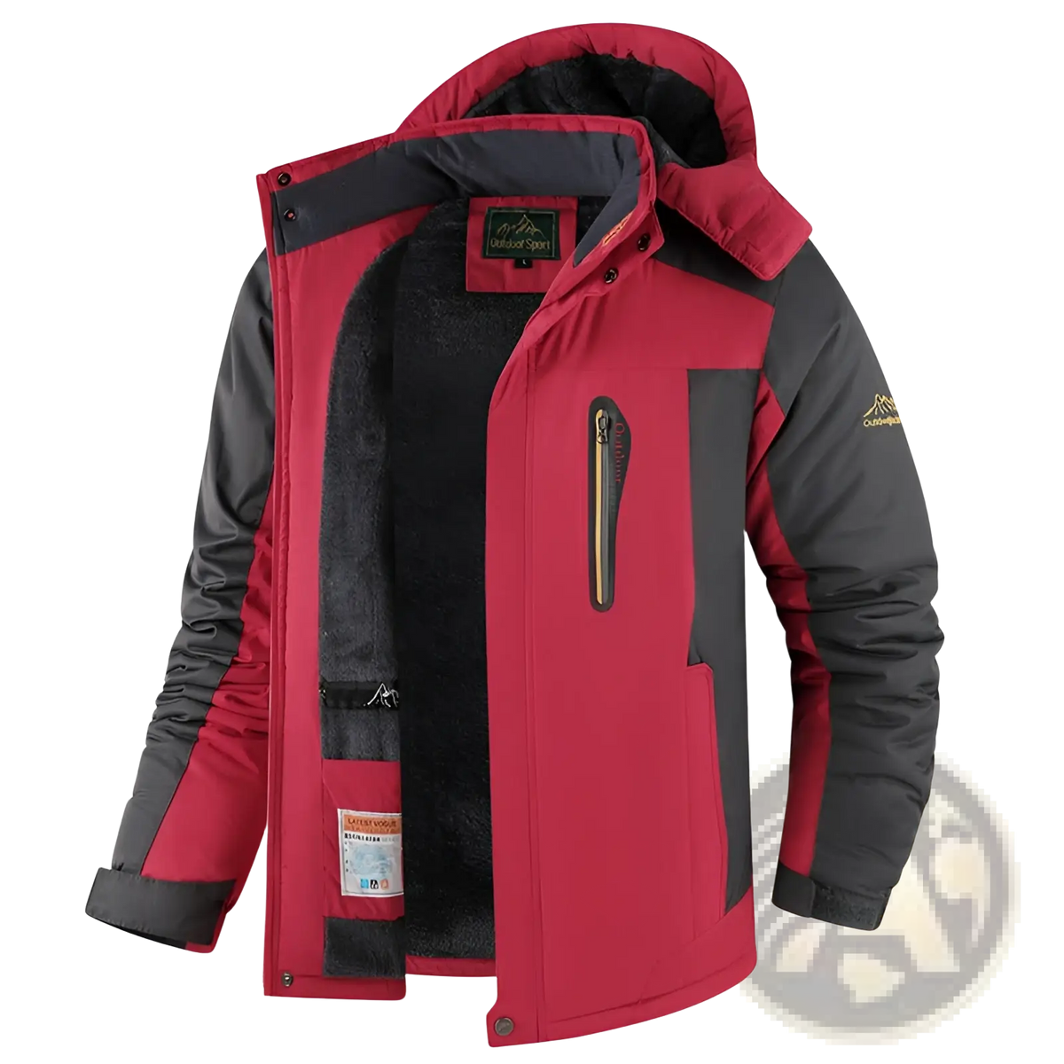 Mens fleece lined winter jacket thick cotton coat in red and black with hood zippered pockets and insulated interior