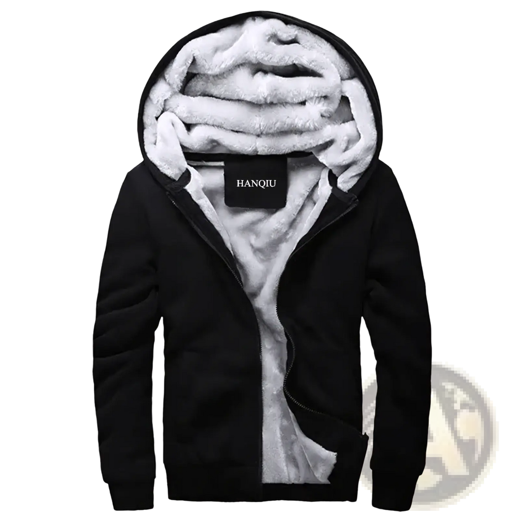 Mens fleece lined winter zip hoodie in black hanqiu with plush white fleece lining for cold weather comfort