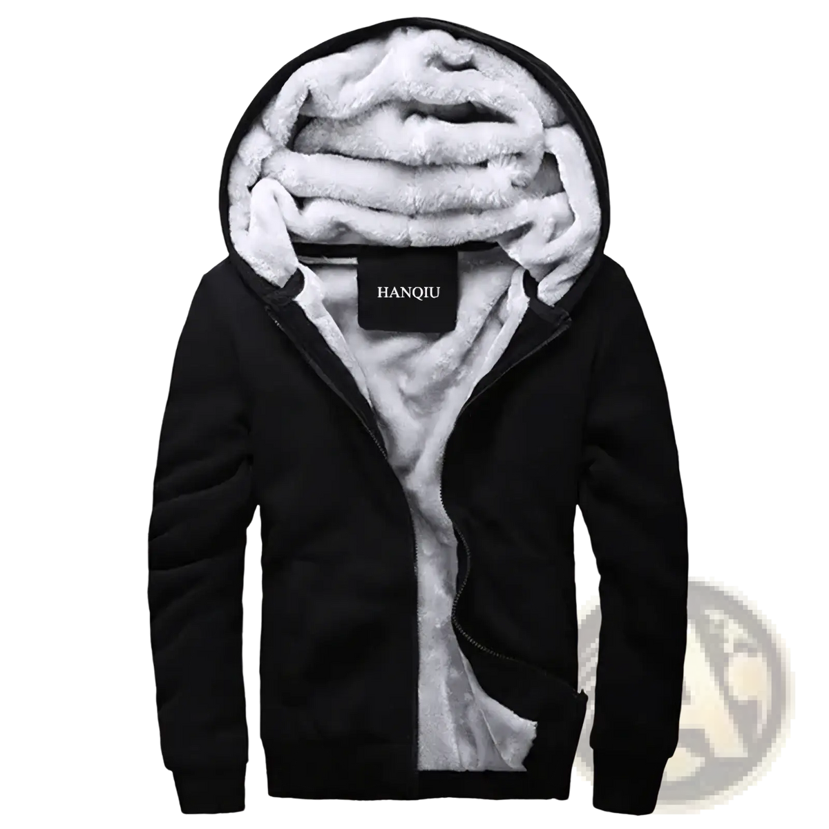 Mens fleece lined winter zip hoodie in black hanqiu with plush white fleece lining for cold weather comfort