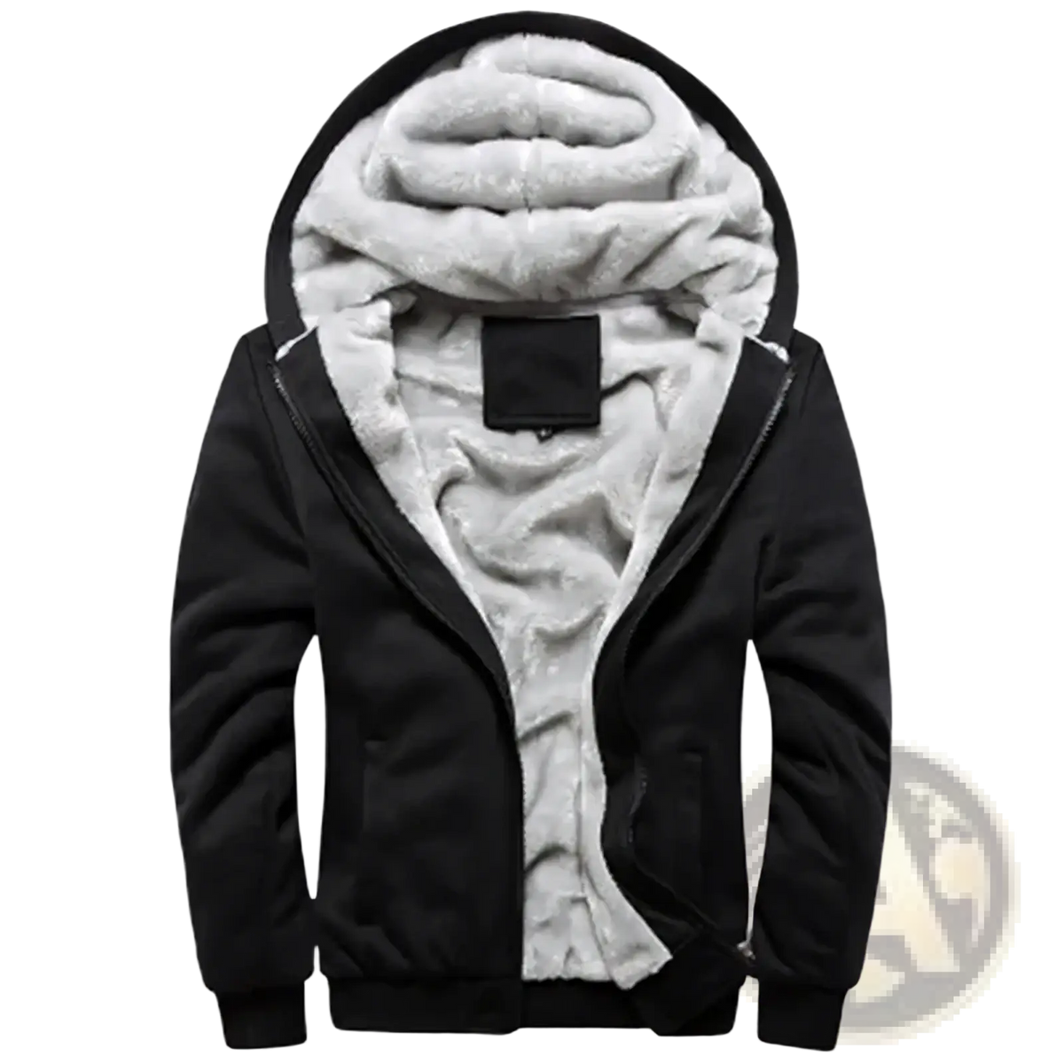 Mens fleece lined winter zip hoodie in black with plush light gray fleece lining and ribbed cuffs for warmth