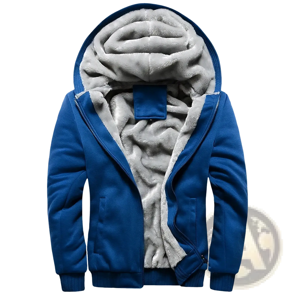 Mens fleece lined winter zip hoodie in blue with plush gray fleece interior for warmth and comfort