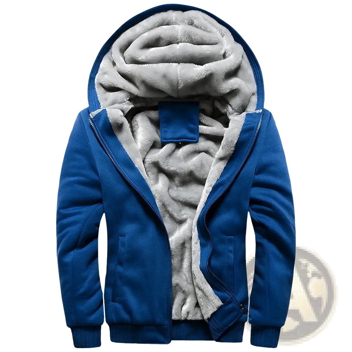 Mens fleece lined winter zip hoodie in blue with plush gray fleece interior for warmth and comfort
