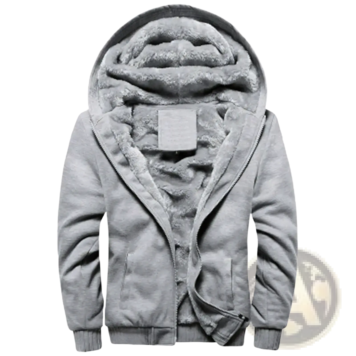 Mens fleece lined winter zip hoodie in gray with a soft plush interior and ribbed cuffs for warmth and comfort