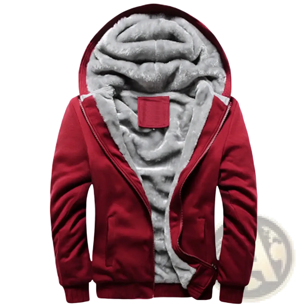 Mens fleece lined winter zip hoodie in red with plush gray fleece lining and ribbed cuffs for warmth and comfort