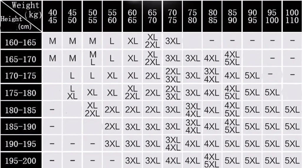 Size chart for mens fleece lined winter zip hoodie showing weight and height ranges for sizes m to 5xl