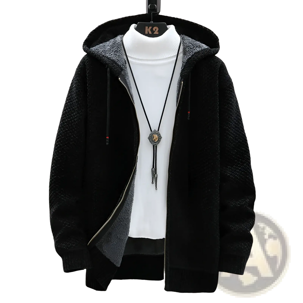 Men’s fleece lined zip up hooded sweater in black with plush gray lined hood and drawstrings for added warmth