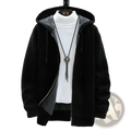 Men’s fleece lined zip up hooded sweater in black with plush gray lined hood and drawstrings for added warmth