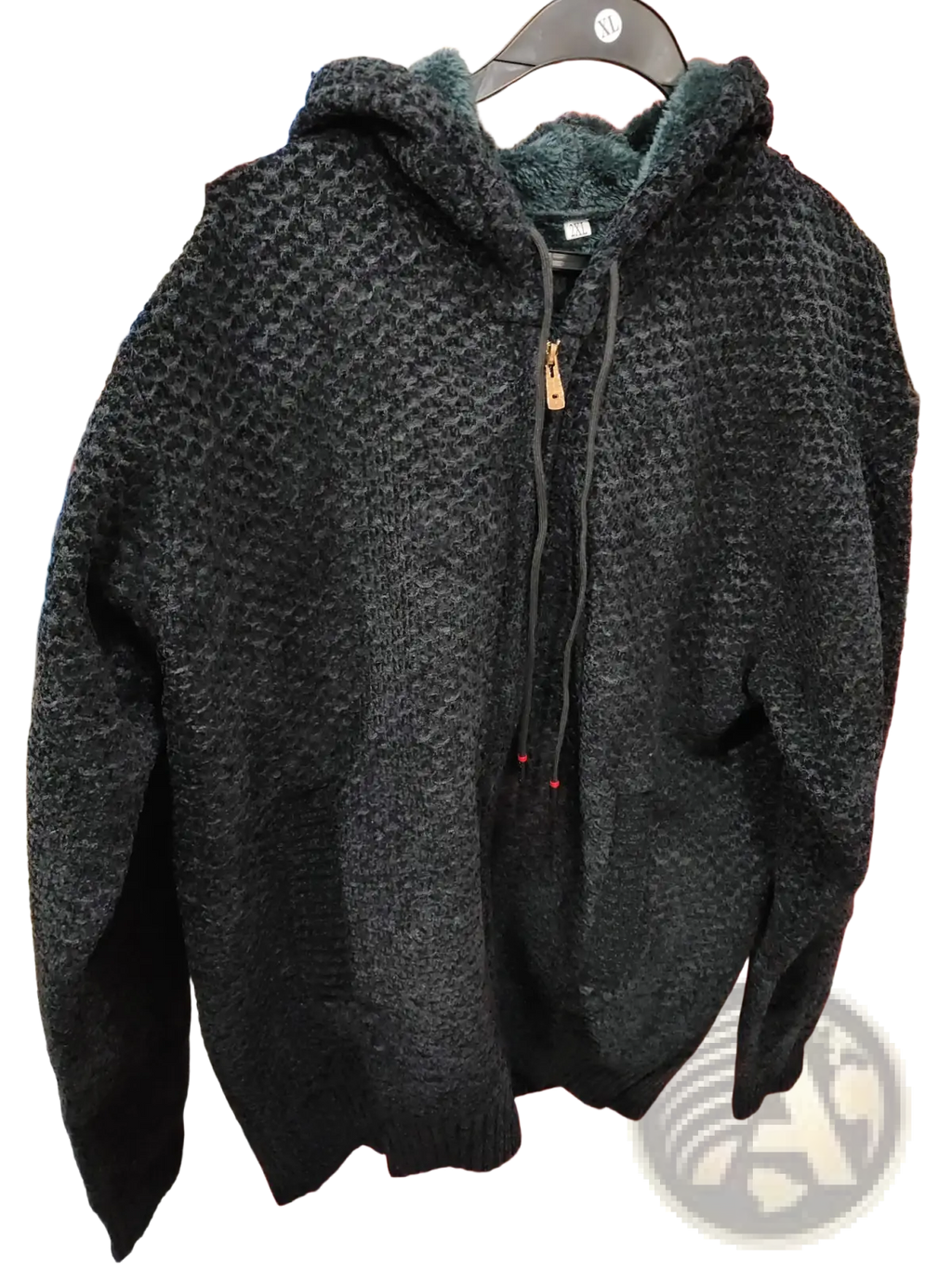 Men’s black textured knit fleece lined zip up hoodie with fuzzy interior lining and drawstring hood for cold weather